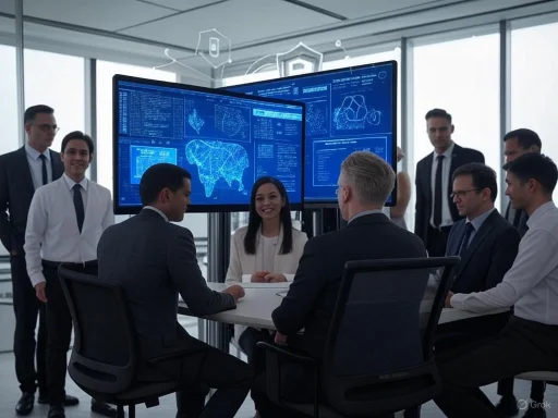 A diverse group of professionals is gathered around a conference table in a high-tech office, discussing data on large screens.