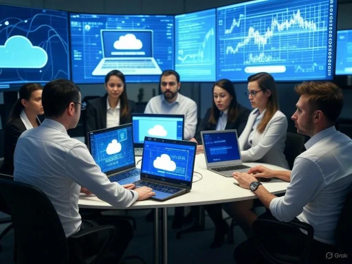A team of professionals collaborates on cloud computing and data analytics in a high-tech control room.