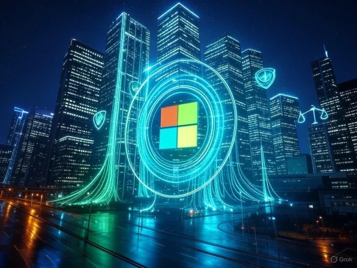 Futuristic cityscape with illuminated skyscrapers and glowing digital symbols, centered around the Microsoft logo.