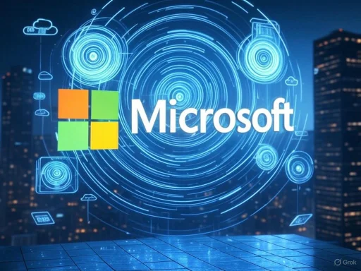 Futuristic digital graphics with the Microsoft logo over a cityscape background, emphasizing technology and innovation.