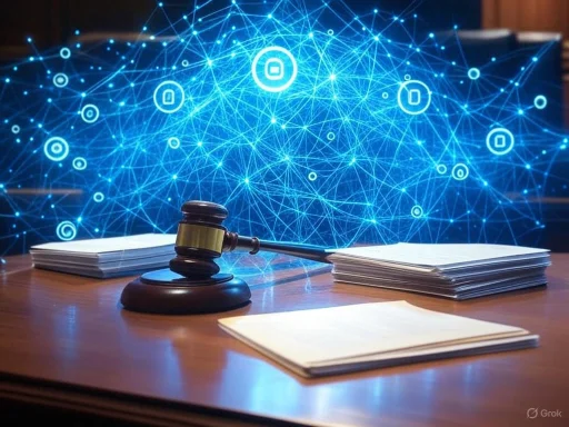 A gavel, legal documents, and a digital network background symbolize online law or digital justice.