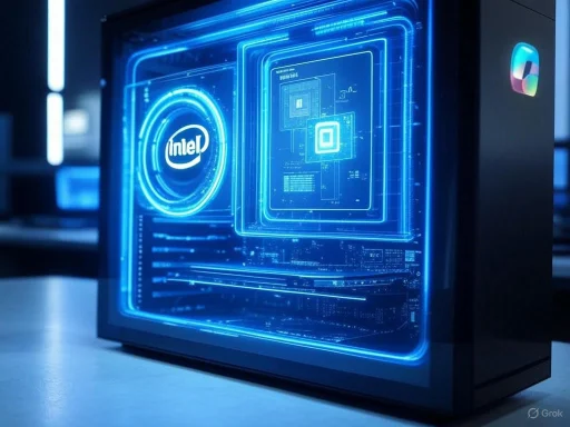 A futuristic computer hardware display with Intel branding and holographic circuit diagrams. A futuristic computer hardware display with Intel branding and holographic circuit diagrams.