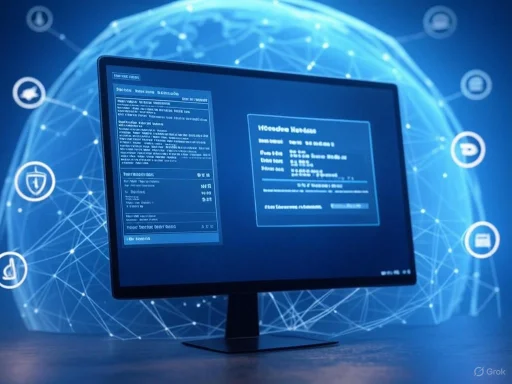 A computer monitor displays a digital profile with interconnected technology icons and glowing network graphics in the background.