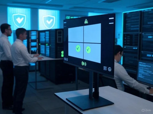 IT professionals monitor security systems and check verification marks on screens in a high-tech data center.