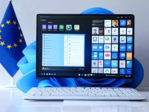 A computer with a keyboard displays a desktop screen with app icons, in front of a European Union flag.