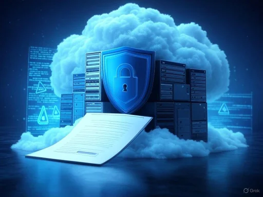 A cloud-based security system with a shield, lock icon, and server racks, symbolizing cyber protection and data security.