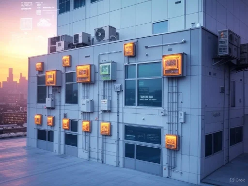Modern rooftop building with illuminated orange safety lights and city skyline in the background at sunset.