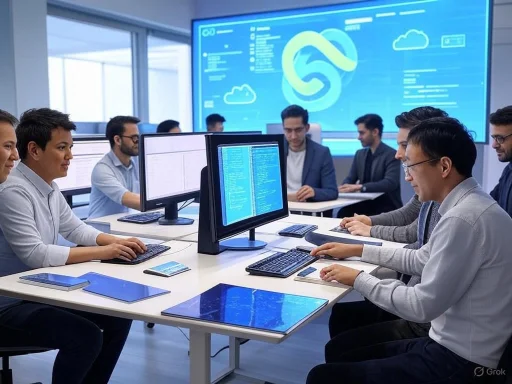 A diverse group of professionals collaborate in a high-tech conference room with multiple computer screens and a large digital display.