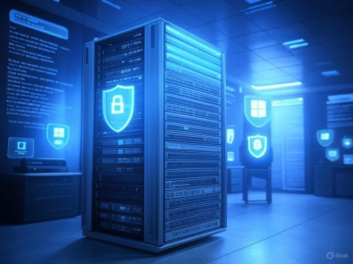 Data center server racks with digital security shields and lock icons, emphasizing cybersecurity and data protection.