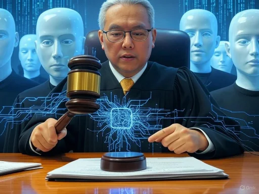 A judge with a gavel presides over robots in a court, symbolizing AI's role in the justice system.