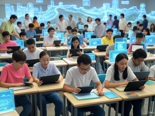 Students work on tablets in a tech-enabled classroom with digital screens and cityscape graphics in the background.
