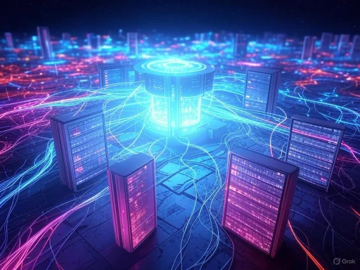 Futuristic data center with glowing servers and vibrant data streams connecting them.