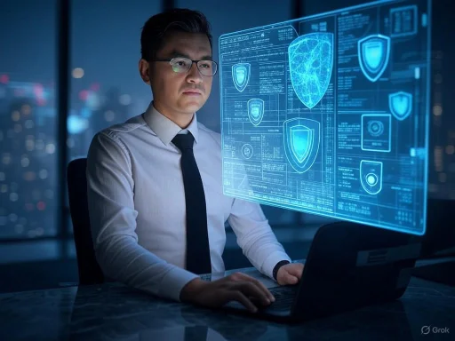 A man in business attire analyzing digital security shields on a futuristic holographic screen at his desk.