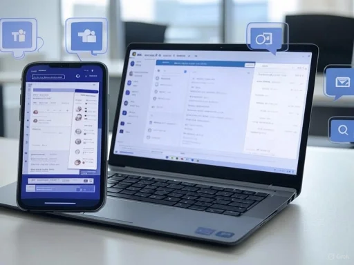 A laptop and smartphone displaying email or messaging apps with floating digital icons representing communication and social media.