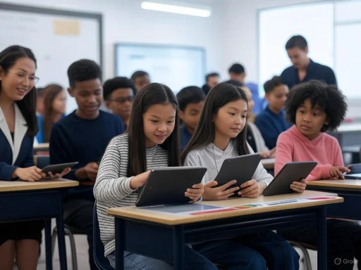 Children in a classroom using tablets, supervised by teachers, engaging with digital learning tools.
