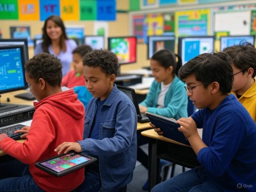 Students using tablets in a computer class with a teacher overseeing their activities.