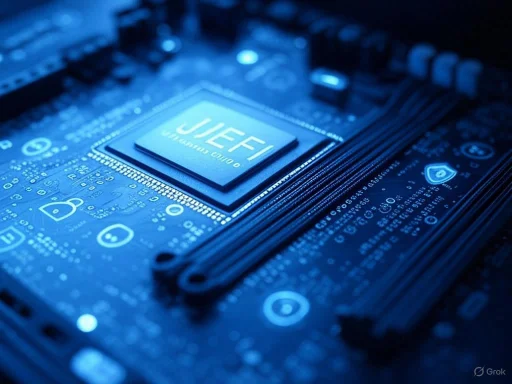 A close-up of a computer motherboard highlighting the 'JUFA' microchip with blue LED lighting.