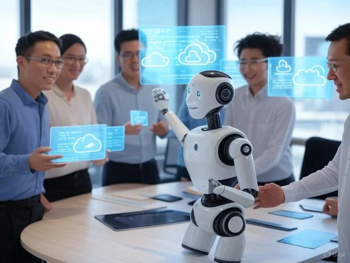 A humanoid robot interacts with a group of smiling professionals in a modern office, demonstrating cloud computing technology.