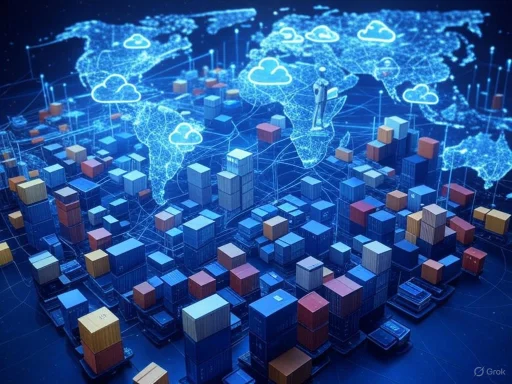 A digital representation of global connectivity with shipping containers, cloud icons, and a world map in blue hues.