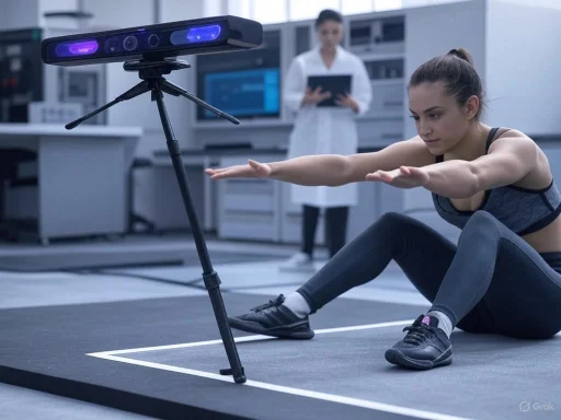 A woman in workout clothes performs a stretch in front of a motion-capture camera in a lab setting.