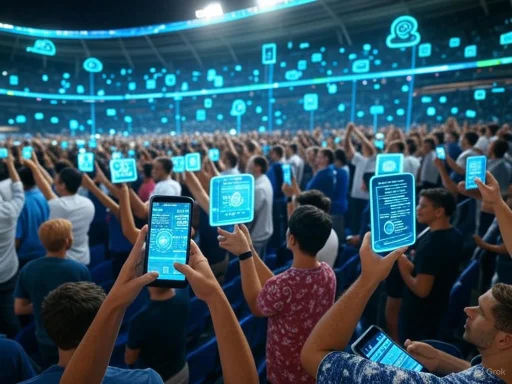 Crowd at a conference or concert, holding up digital devices and augmented reality holograms.