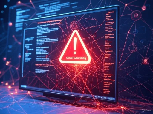 A computer screen displays a warning sign with an exclamation mark and the message 'Official Whoasalertity,' amid a digital network warning.