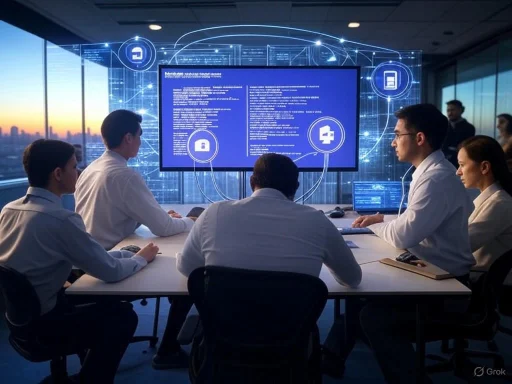 Business professionals in a high-tech conference room viewing digital security and data graphics on a large screen.
