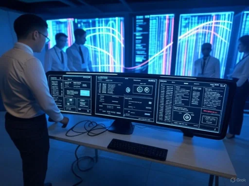 People analyze data on multiple screens in a high-tech control room.