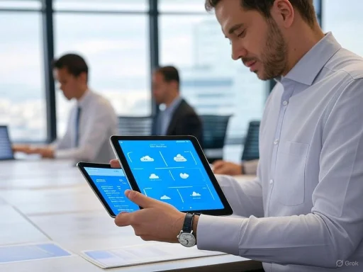 A man reviews weather data on digital tablets during a business meeting in an office.