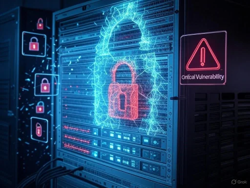 A digital warning about a critical cybersecurity vulnerability, featuring a glowing padlock and alert symbols.