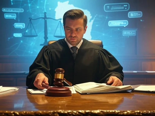 A judge reviewing legal documents with a gavel in a courtroom, digital legal icons in the background.