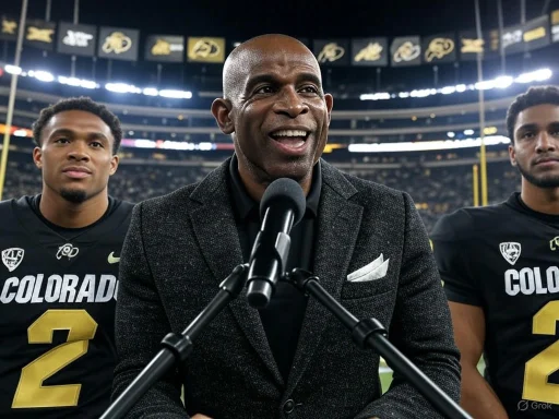 A man in a suit speaks into a microphone on a football field, flanked by two players in Colorado jerseys. A man in a suit speaks into a microphone on a football field, flanked by two players in Colorado jerseys.