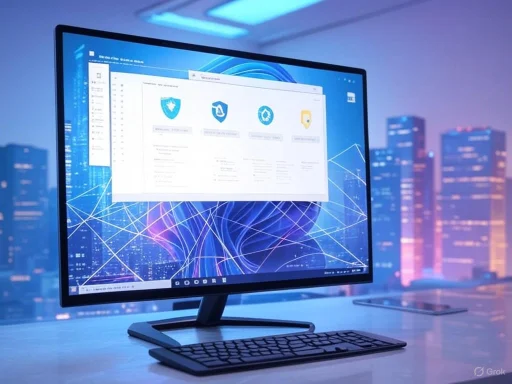 A computer monitor displaying cybersecurity or network security software against a cityscape skyline at night.