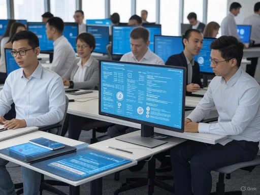 Business professionals in a modern training room focusing on computer screens displaying digital information.
