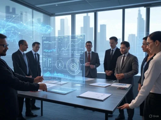 Business meeting discussing futuristic holographic data visualizations in a high-rise office.