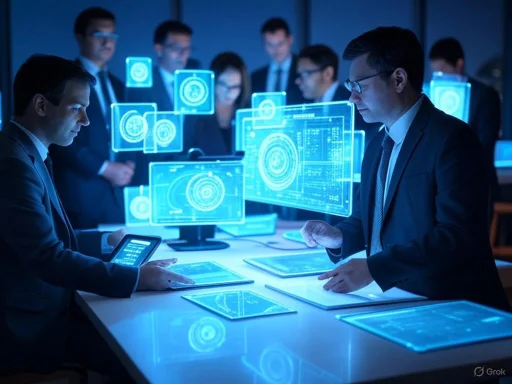 Business professionals analyze digital data and holographic interfaces in a high-tech, futuristic control room.