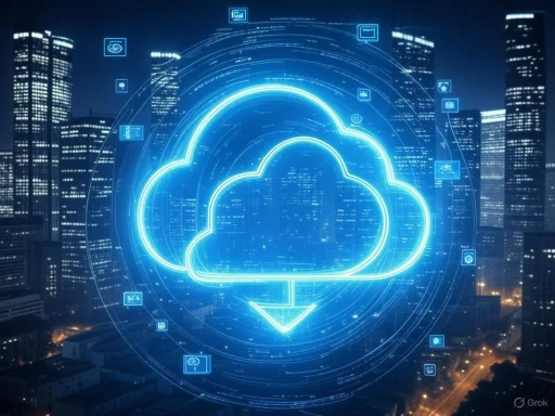 A glowing digital cloud with a downward arrow, representing cloud storage or data download, against a cityscape at night. A glowing digital cloud with a downward arrow, representing cloud storage or data download, against a cityscape at night.