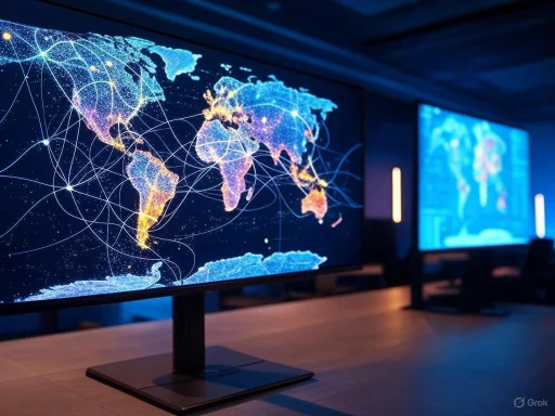 Digital world map projection displayed on monitors in a command or control center.