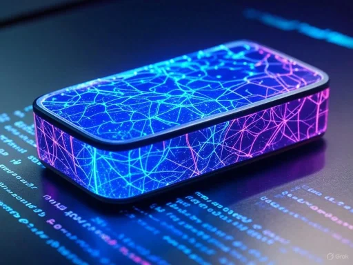 A futuristic, glowing device with a digital, neural network pattern illuminated in blue and pink on a dark background.