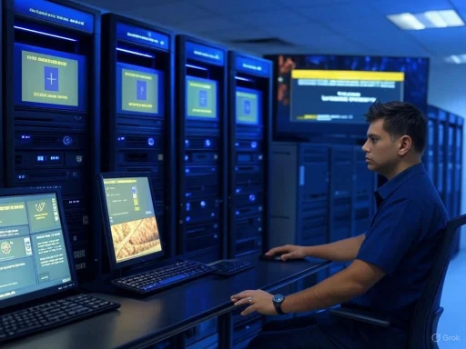 A technician monitors multiple computer screens in a high-tech data center or server room.