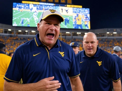 Two West Virginia football coaches celebrate on the field during a game, one appears to be shouting or expressing excitement.