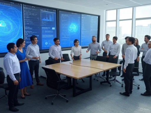 A diverse group of professionals réunions around a table in a modern conference room with large digital screens.