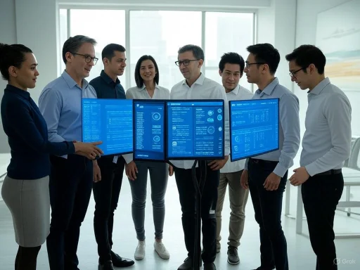 A diverse group of professionals reviewing data on multiple digital display screens in a bright, modern office.
