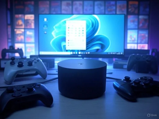 A gaming setup featuring a central projector, multiple game controllers, and a large screen displaying a Windows desktop.