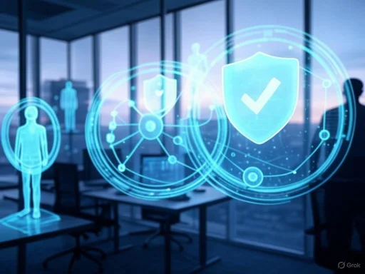Digital security icons and human figures in a modern office setting, emphasizing cybersecurity and data protection.