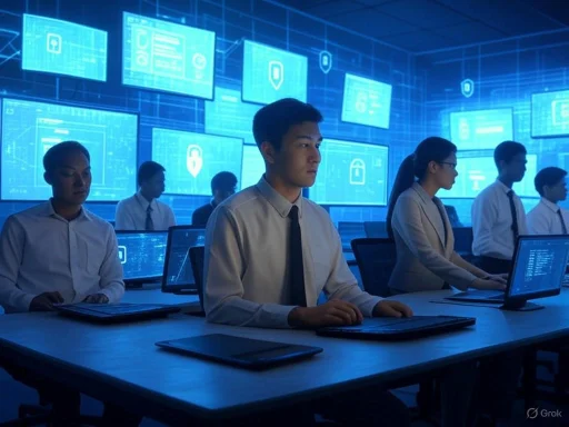 A group of professionals working on laptops in a high-tech cybersecurity control room with multiple digital screens showing security icons.