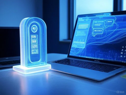 A futuristic, glowing digital model of a device with USB ports sits next to a laptop with data visualization on the screen.