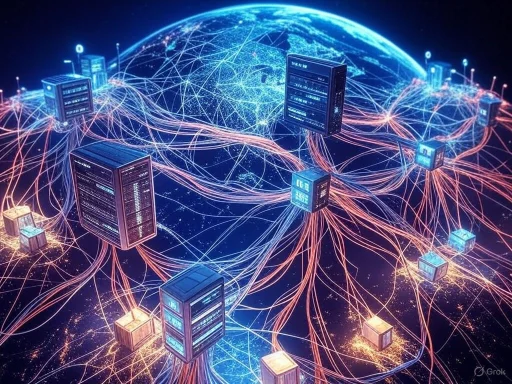 A digital visualization of global interconnected servers and data networks around Earth.