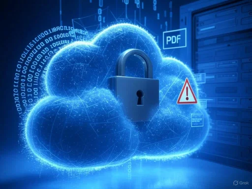 A digital cloud with a padlock, warning symbols, and binary code represents cybersecurity and data protection.