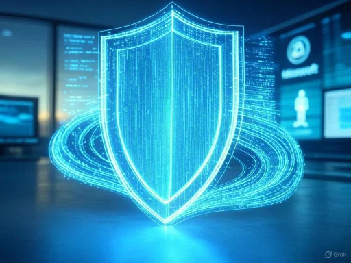 A digital glowing shield representing cybersecurity protection in a high-tech environment. A digital glowing shield representing cybersecurity protection in a high-tech environment.